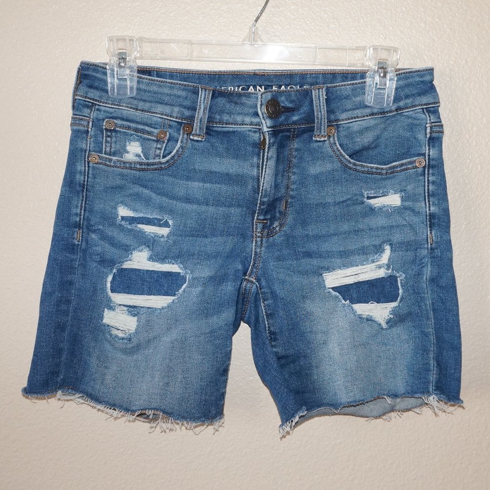 American Eagle Ripped Patched Denim Midi Shorts